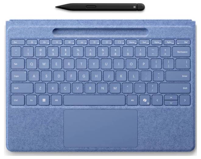 Modrá odnímatelná klávesnice s touchpadem a stylusem umístěným nad ní. Klávesy obsahují typické rozložení QWERTY a funkční klávesy.
