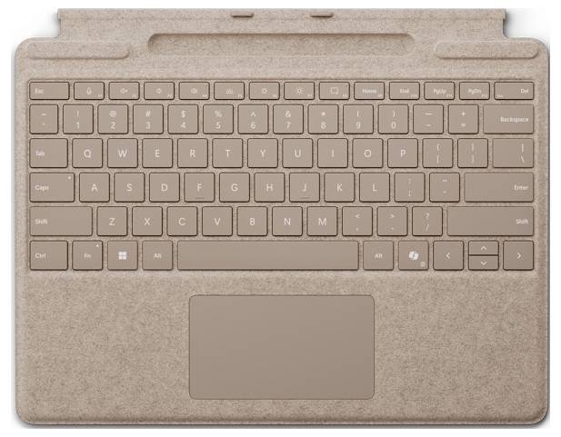 Hnědá odpojitelná klávesnice s touchpadem, vybavená standardními klávesami a funkčními klávesami, určená pro tablet nebo notebook.