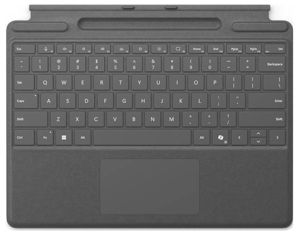 Černá odnímatelná klávesnice s trackpadem navržená pro tablet nebo notebook, vybavená standardními klávesami a kompaktním rozvržením.
