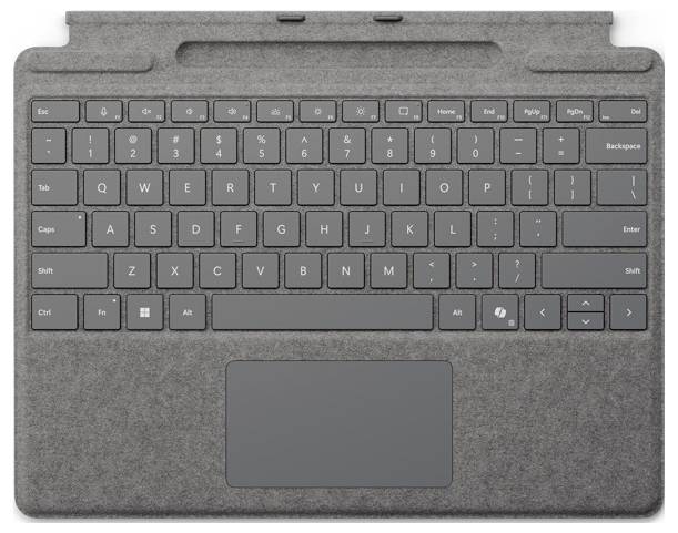 Šedá klávesnice s touchpadem, navržená pro odpojitelné tablet zařízení, disponuje funkčními klávesami a klávesami zkratek pro snadnou navigaci.