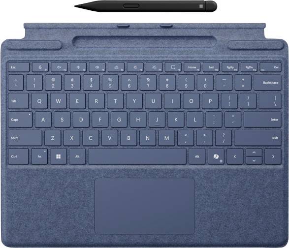 Odpojitelná modrá klávesnice a stylus pro tablet, vybavené touchpadem a funkčními klávesami, navržené pro mobilitu a produktivitu.