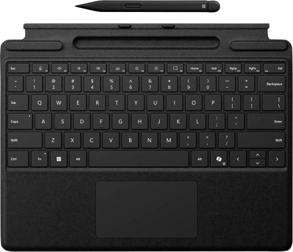Černý klávesnicový kryt tabletu s touchpadem a stylusem, navržený pro bezproblémové psaní a dotykovou interakci.