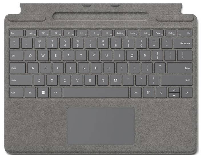 Pouzdro s klávesnicí a touchpadem pro tablet, zobrazuje rozložení kláves a šedý textilní povrch. Ideální pro mobilní práci.
