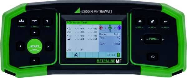 Multifunkční měřicí přístroj s displejem, zobrazuje hodnoty elektrického proudu a napětí. Značka: Gossen Metrawatt, typ: MetraLine MF.