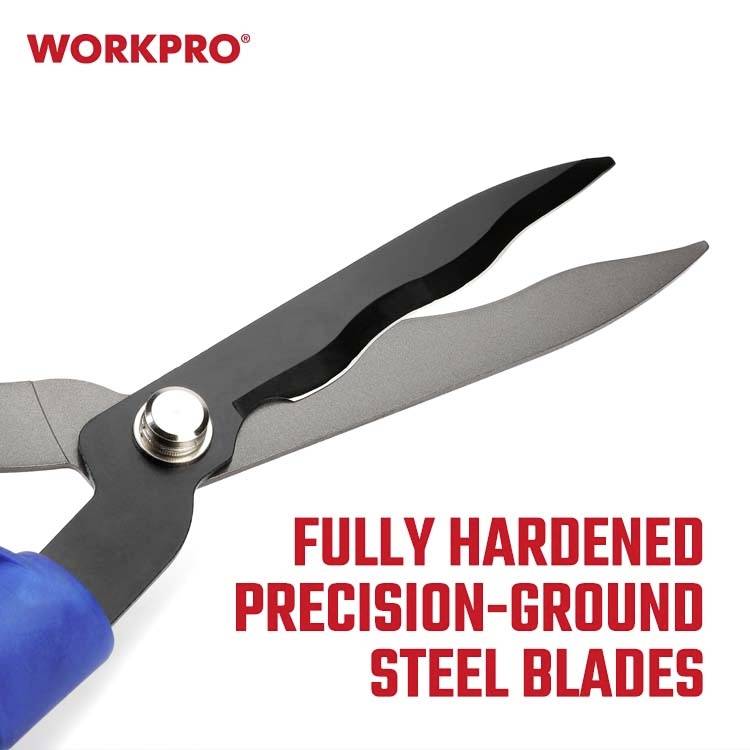 Nůžky s modrým držadlem. Vedle nůžek stojí 'Plně kalené, přesně broušené ocelové čepele'.