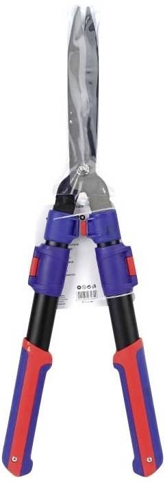 Zahradní nůžky s modrými rukojeťmi a červenými akcenty, vhodné pro stříhání živých plotů a keřů.