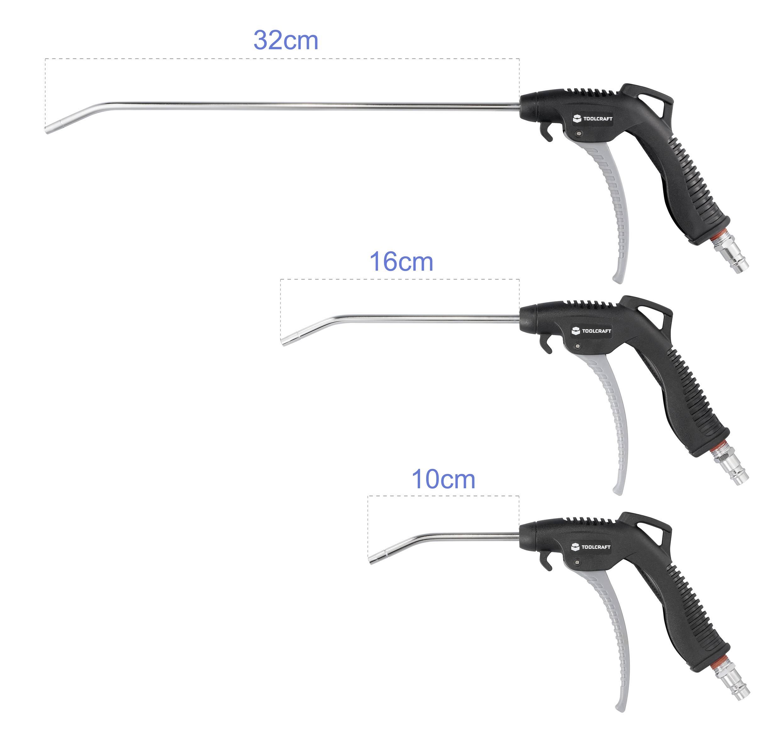 'Tři pneumatické pistole s tryskou o různých délkách: 32 cm, 16 cm a 10 cm. Vhodné pro přesné aplikace stlačeného vzduchu.'