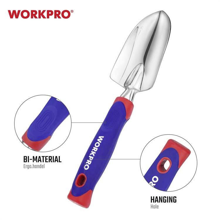 Zahradní lopatka Workpro s ergonomickou rukojetí ze dvou materiálů a s otvorem pro zavěšení.