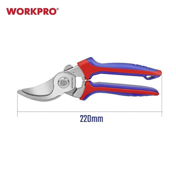 Nůžky na větve od WORKPRO v modro-červené barvě s délkou 220 mm. Stříbrná čepel, ergonomická rukojeť pro zahradnické práce.