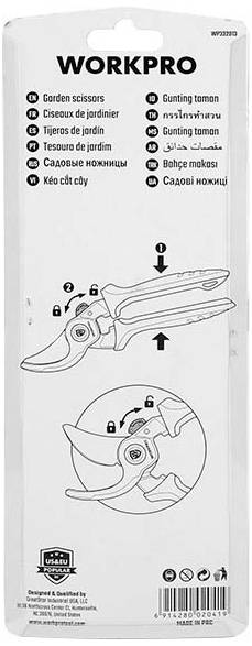 Vložka obalu nůžek značky 'Workpro' s vyobrazením nůžek. Vícejazyčný popis a pokyny.