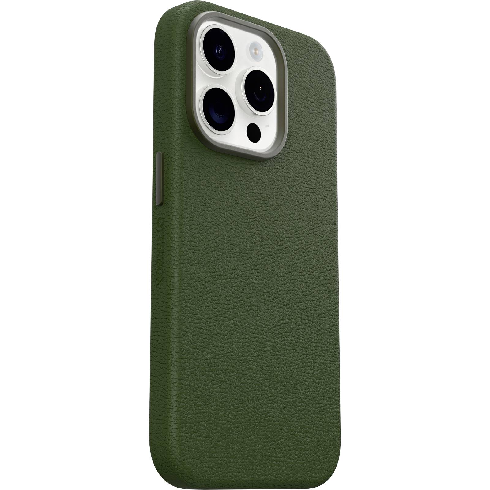 Zelený smartphone v obalu připomínajícím kůži. Obal odhaluje výřezy pro fotoaparát a má strukturovaný povrch pro lepší uchopení.
