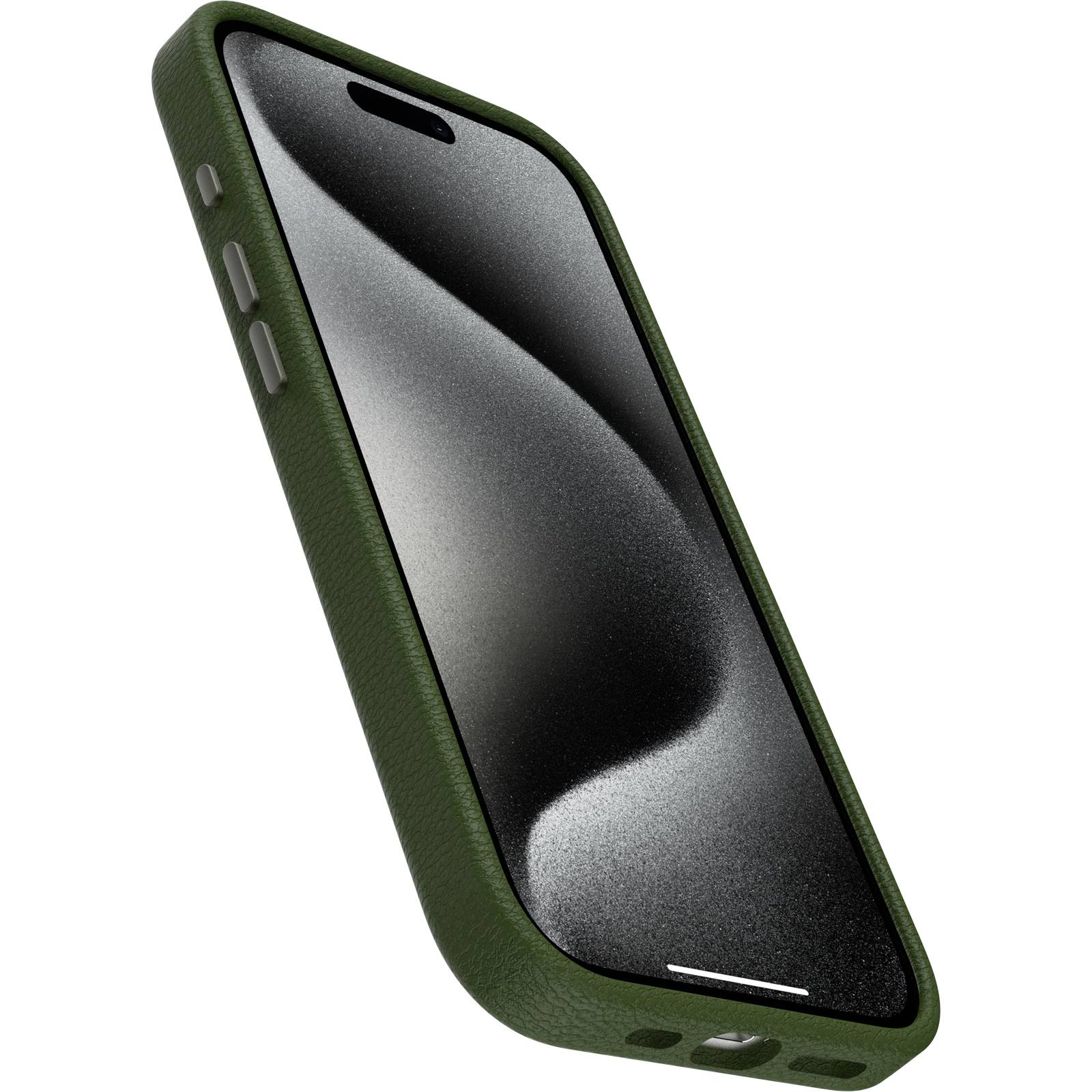 Smartphone s tmavým displejem a zeleným pouzdrem, zobrazené v šikmém pohledu.