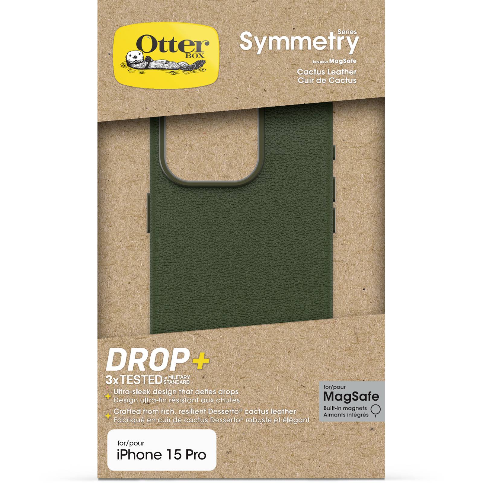 Zelený kryt na mobilní telefon značky 'OtterBox Symmetry Series' pro iPhone 15 Pro v originálním balení. Vyrobený z kaktusové kůže.