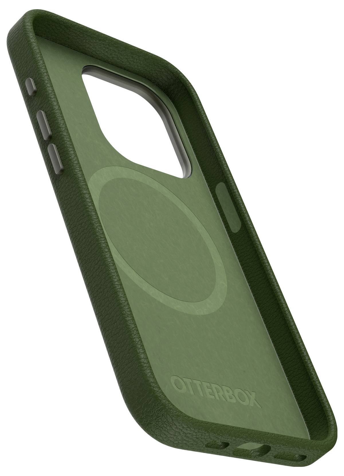 Tmavě zelený ochranný kryt na smartphone, lehce vyvýšený, s výřezy pro tlačítka a nápisem 'OtterBox' dole.