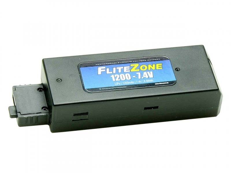 Černý obdélníkový lithium-polymerový akumulátor s nápisem 'FLITEZONE 1200 7.4V'. Vhodný pro RC modely nebo podobné aplikace.