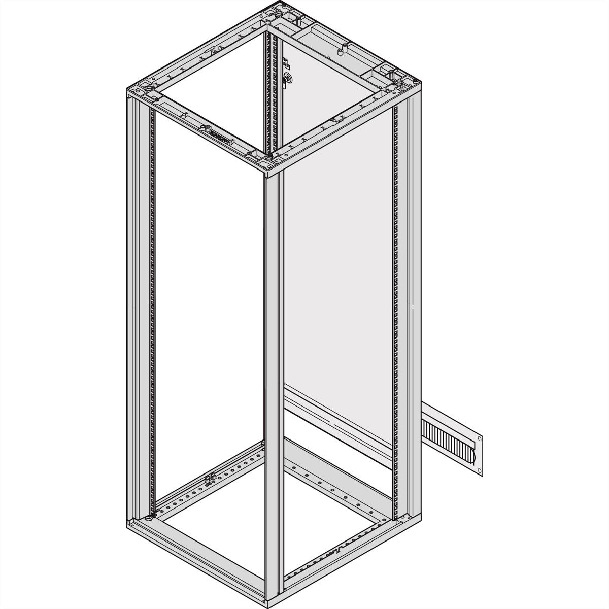 Technický diagram otevřené serverové skříně s obdélníkovým rámem, boční pohled. Žádná zařízení nebo kabely nejsou viditelné.