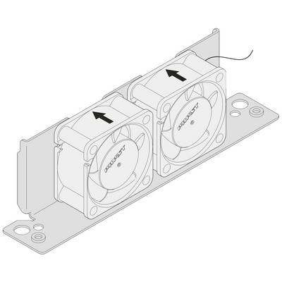 Dva ventilátory na kovovém plechu, umístěné vedle sebe, s šipkami označujícími směr proudění vzduchu.