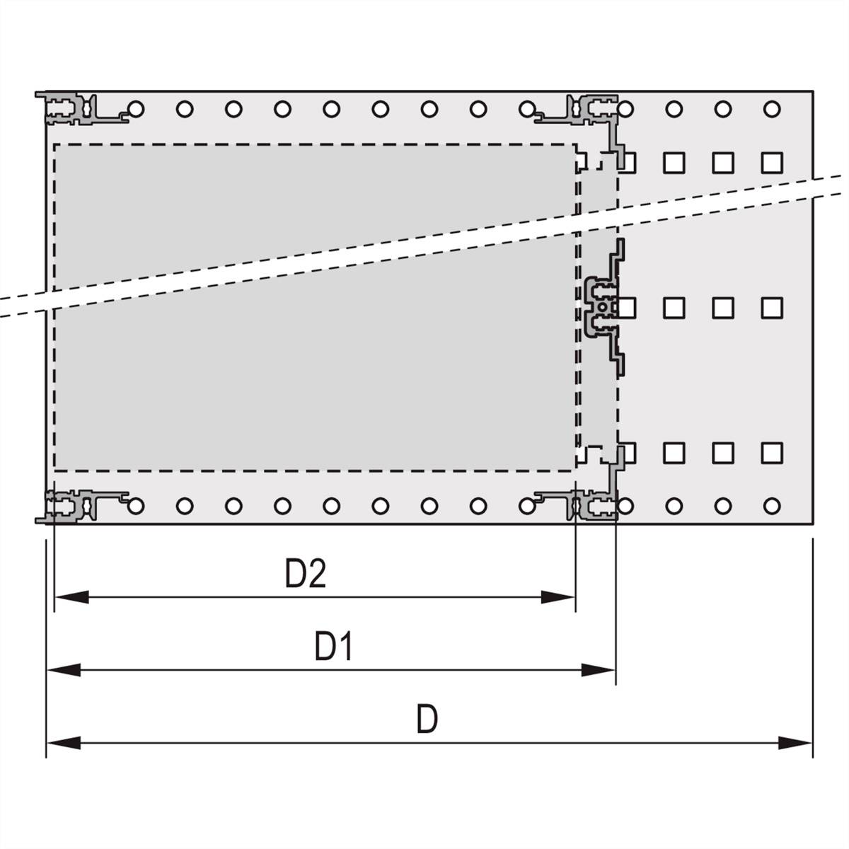 Technický výkres součásti s rozměry D, D1 a D2. Zobrazuje obdélníkovou plochu s vyznačením a linkami v místě spoje.