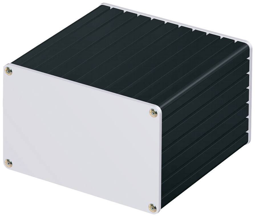 Černý obdélníkový elektronický kryt s odnímatelným bílým víkem a čtyřmi šrouby v rozích.