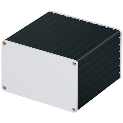 Černý obdélníkový elektronický kryt s odnímatelným bílým víkem a čtyřmi šrouby v rozích.