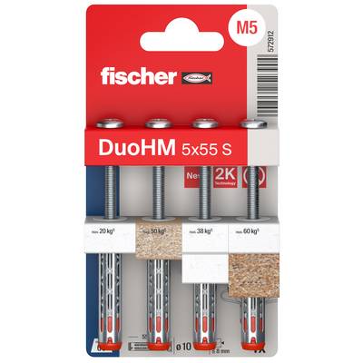 Produktový balíček pro kotvicí prvky Fischer DuoHM M5 x 55 S, zobrazující čtyři kovové nástěnné kotvy s nosností až 60 kg a značkami M5, 2K technologie.