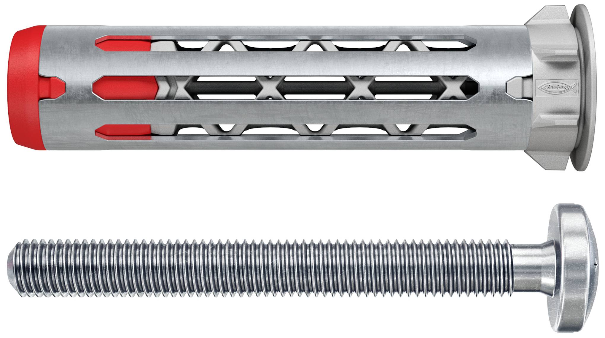 Dva kovové upevňovací prvky: nahoře hmoždinka s červenými akcenty a níže šroub s kulatou hlavou.
