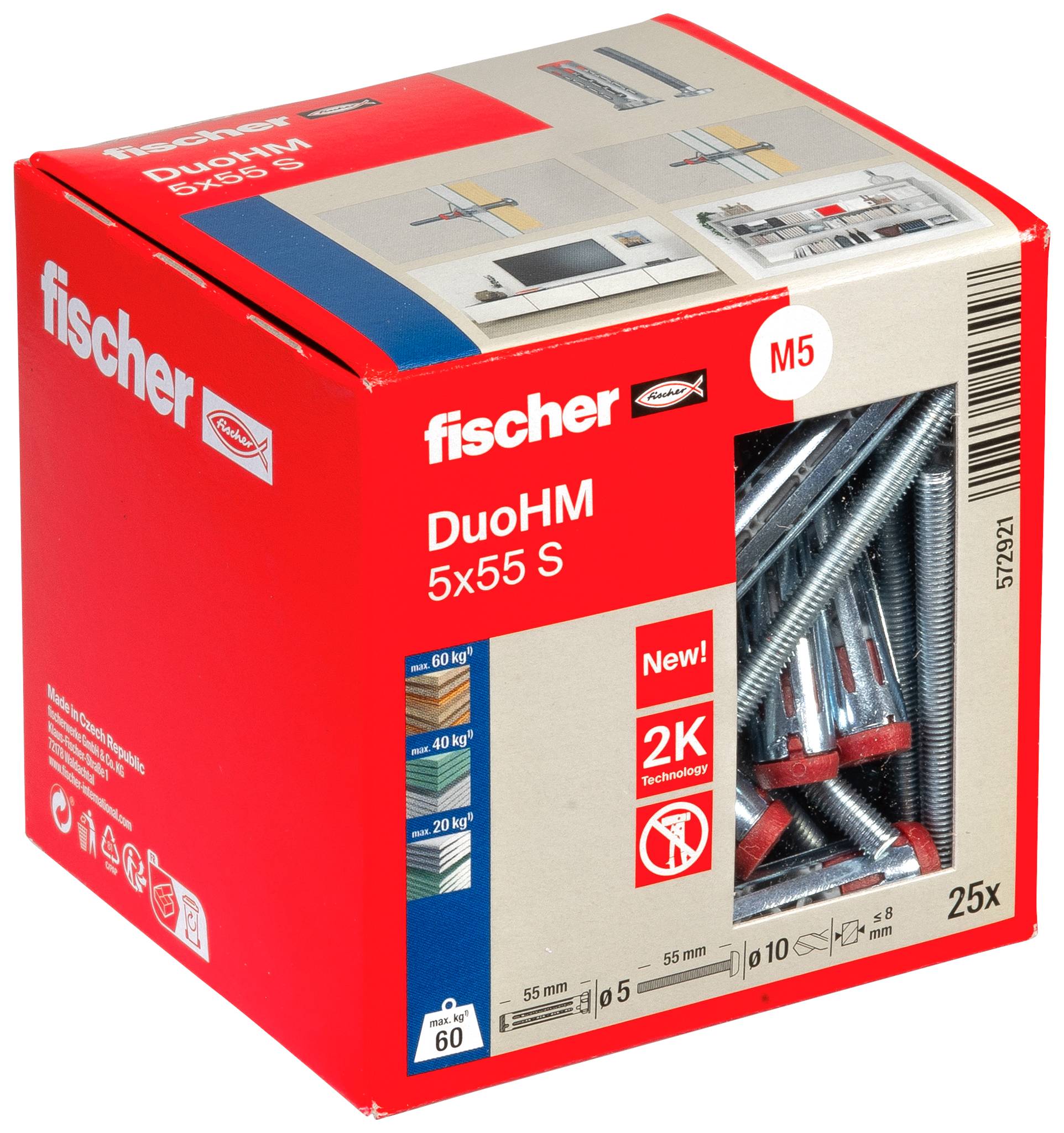 Krabice Fischer DuoHM 5x55 S M5 hmoždinky do stěny, zobrazující okno s 25 kovovými hmoždinkami a informace o produktu na obalu.