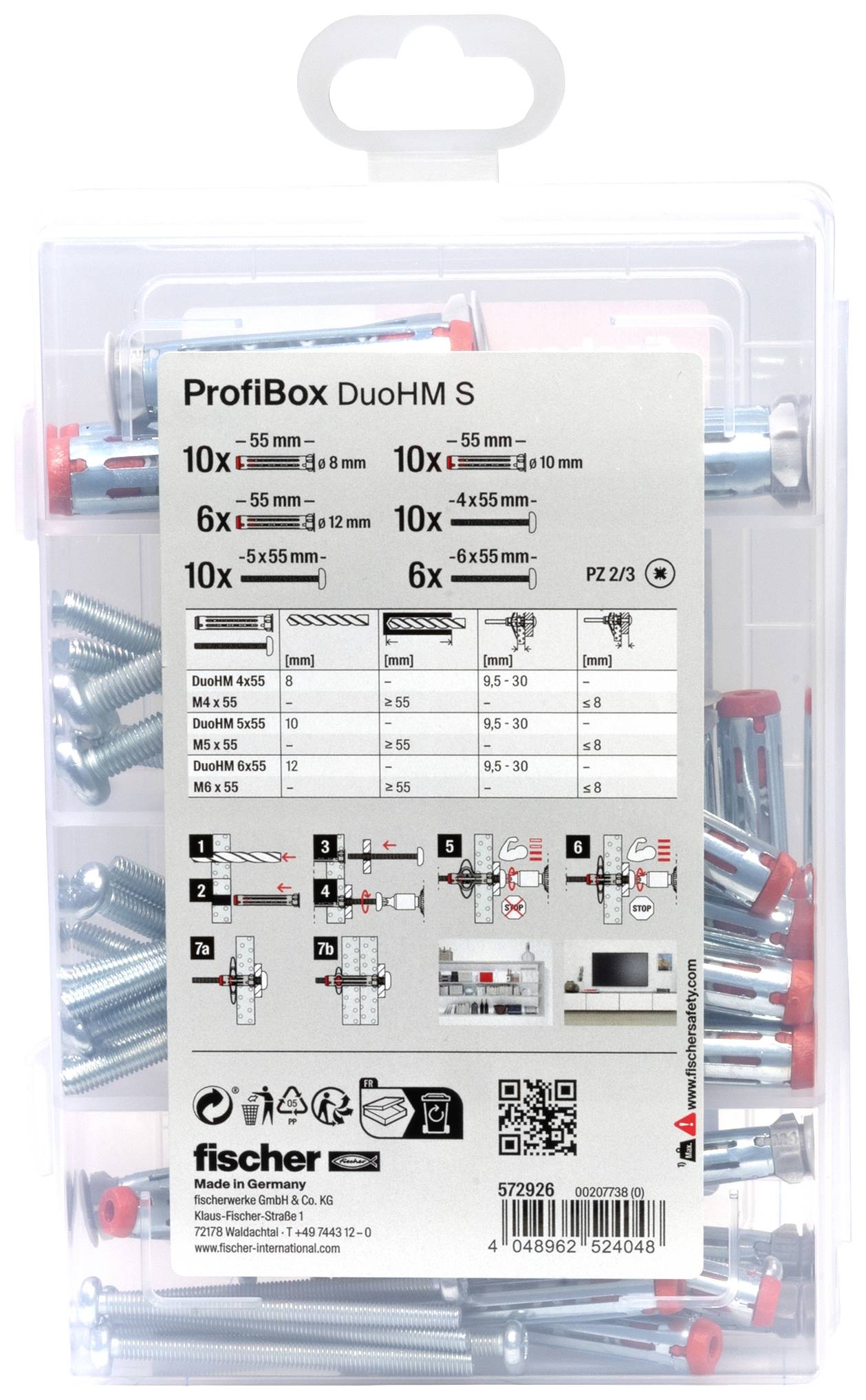 Sada hmoždinek a šroubů Fischer ProfiBox DuoHM S s různými kovovými hmoždinkami a šrouby v různých velikostech.