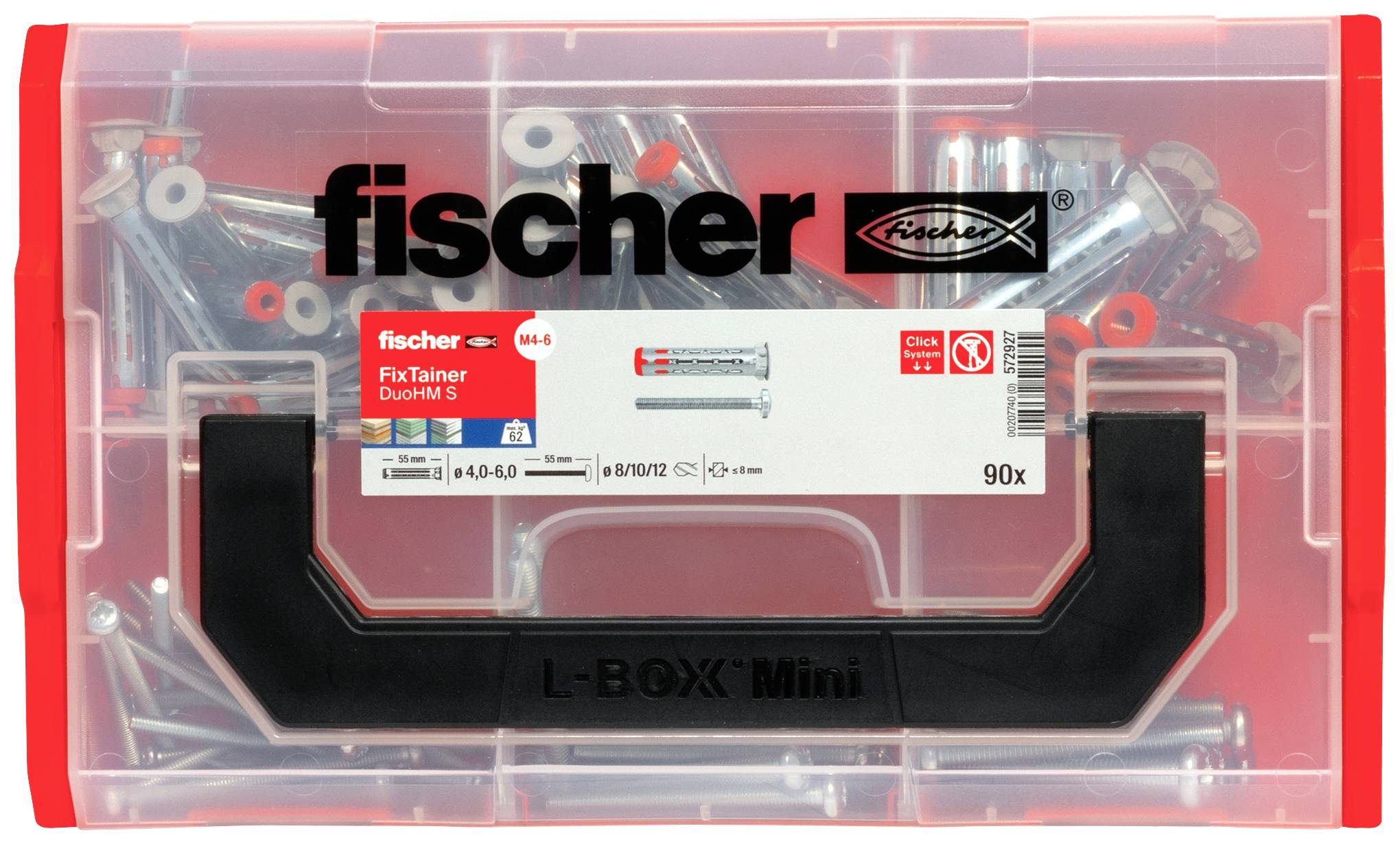 Průhledná krabice s hmoždinkami a šrouby Fischer, viditelným logem značky a štítkem produktu; obsahuje 90 kusů.
