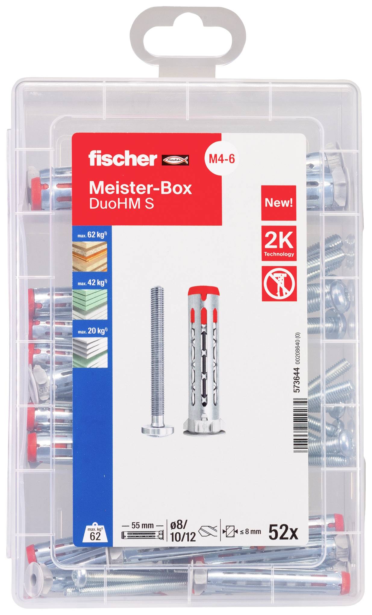 Sada Fischer Meister-Box DuoHM S s hmoždinkami a šrouby, 52 kusů, zatížitelná podle materiálu až do 62 kg. Obsahuje montážní pomůcky.