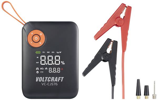 VOLTCRAFT systém pro rychlé startování auta VC-CJS76, VC-16024485, max. startovací proud 300 A, 2x výstup 12 V, 2x USB konektor, nabíjecí a udržovací stanice, síťová funkce, kompresor, elektronická ochrana, ochrana proti přepólování, pracovní osvětlení