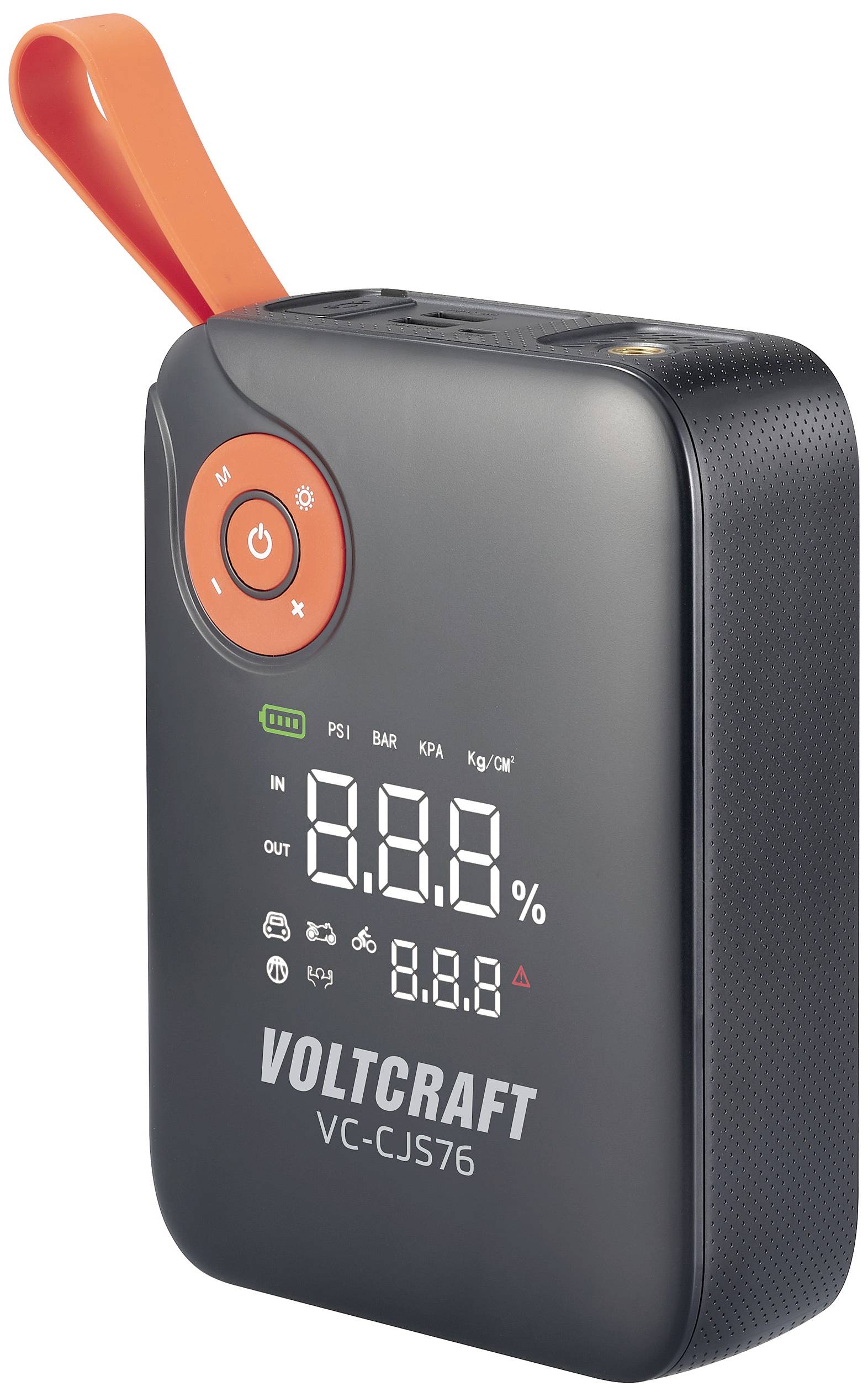 Přenosná elektrická vzduchová pumpa s digitálním displejem, zobrazující tlak v PSI, barech, kPa, kg/cm². Obsahuje tlačítko napájení a červenou ruční smyčku.
