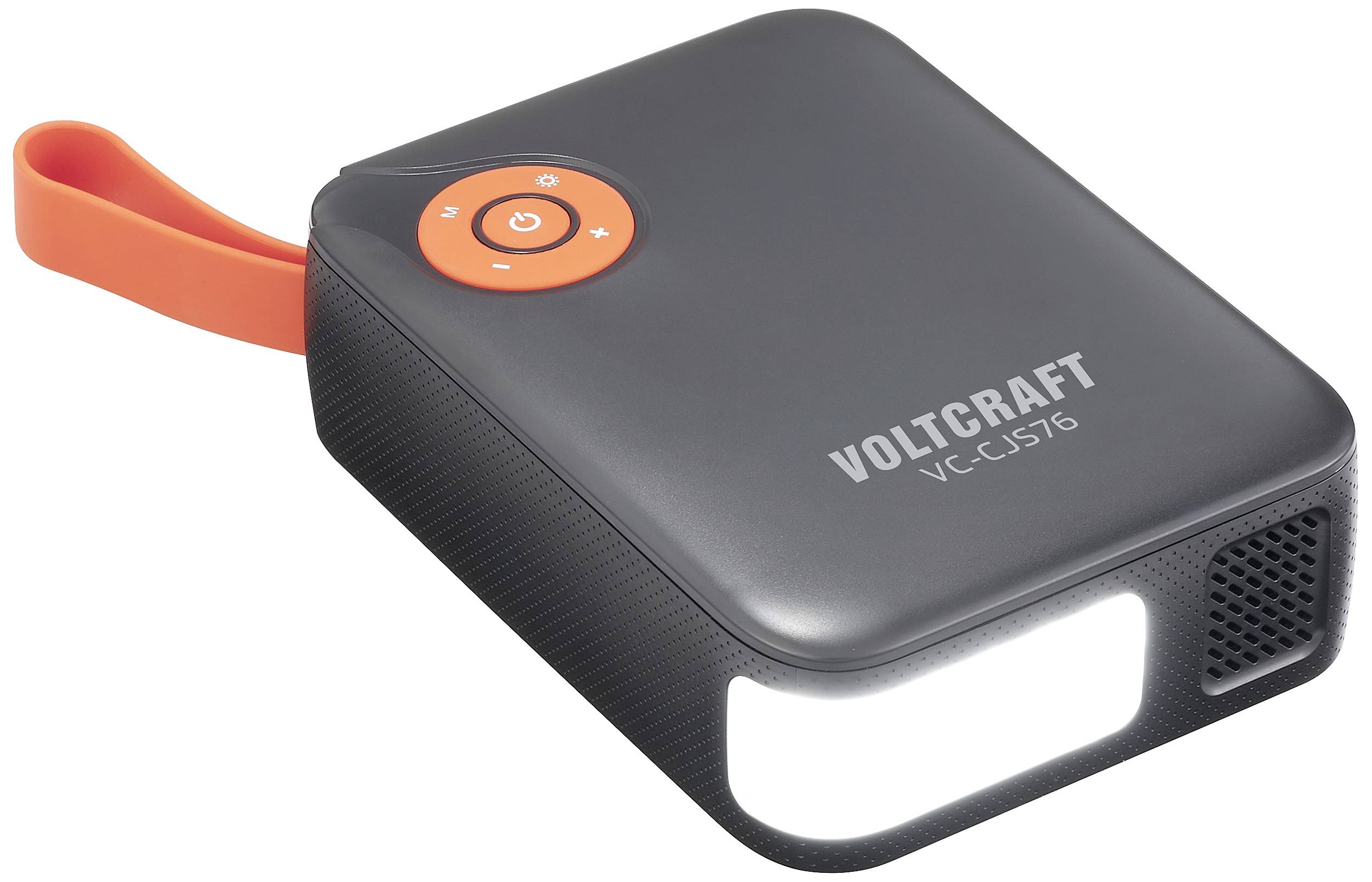 Přenosná černá powerbanka s oranžovým popruhem a integrovaným LED světlem. Název značky "VOLTCRAFT" na povrchu.