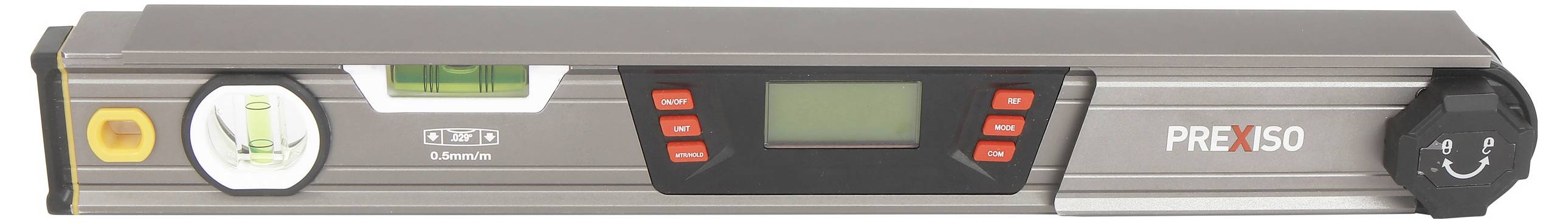 Elektronická vodováha s digitálním displejem a libelou, stříbrné pouzdro, značka Prexiso. Ideální pro přesné vyrovnání.
