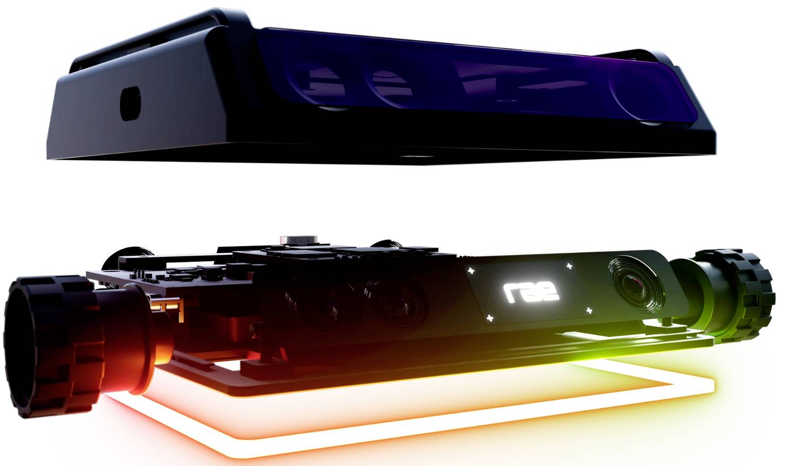 Futuristické, vznášející se technické zařízení s osvětleným okrajem, sestávající ze dvou hlavních komponent v tmavých barevných tónech.