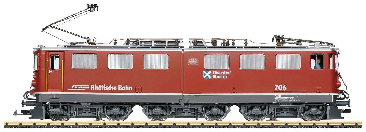 Červená elektrická lokomotiva Rétské dráhy, zobrazená z boku, s číslem 706 a nápisem 'Davoser/Münster'.