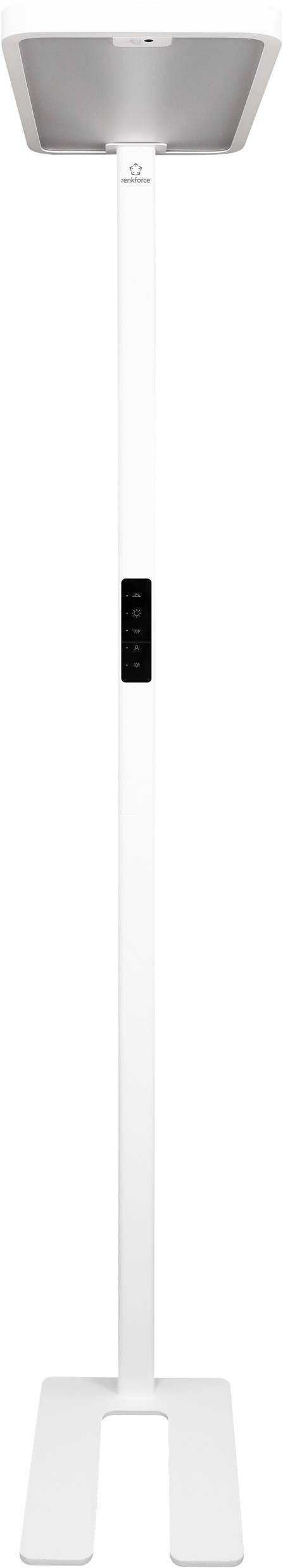 Bílá, štíhlá stojací lampa s obdélníkovým podstavcem a úzkým vertikálním sloupkem, vhodná pro osvětlení místnosti.
