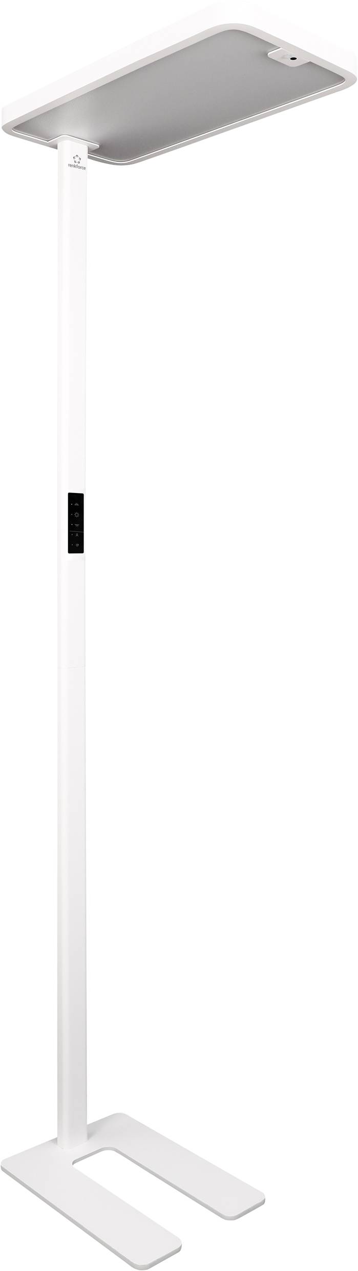 Bílá stojací lampa s obdélníkovým stínidlem a stabilní základnou, vhodná do moderních obytných nebo kancelářských prostor.