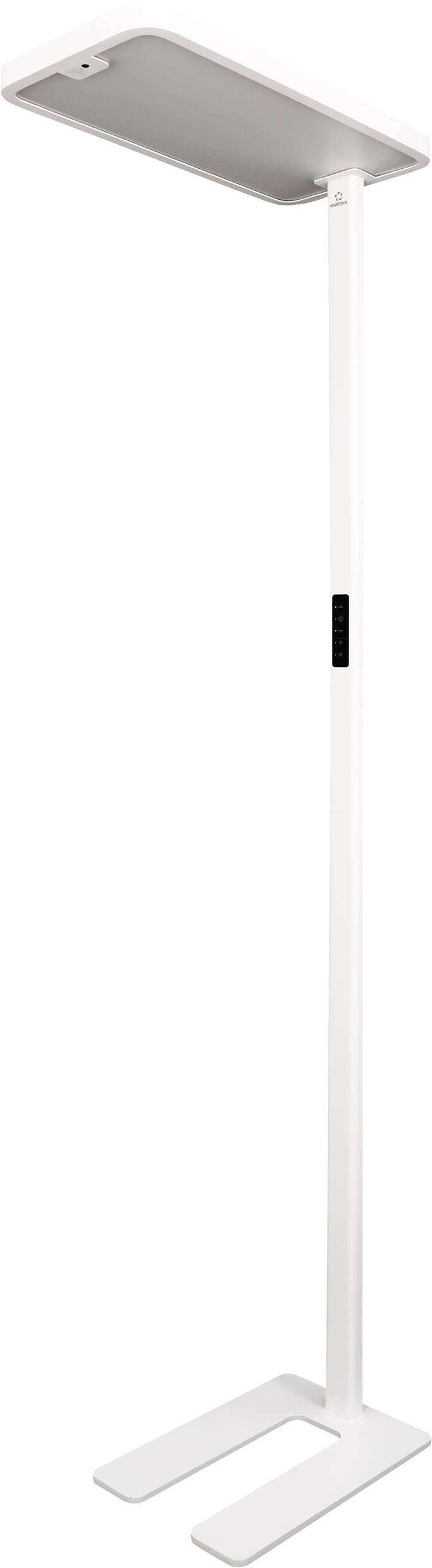 Bílá stojací lampa s obdélníkovým stínidlem a stabilní základnou. Vhodná do moderních interiérů.