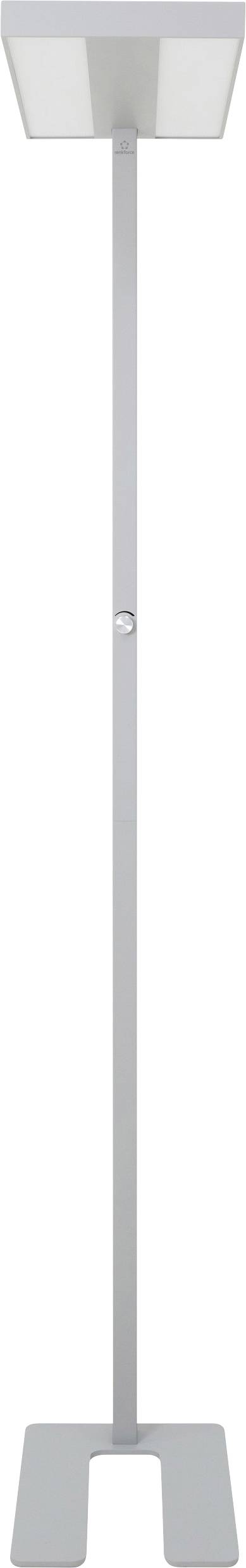 Stojací minimalistická lampa s obdélníkovým stínidlem a štíhlou, přímočarou základnou.