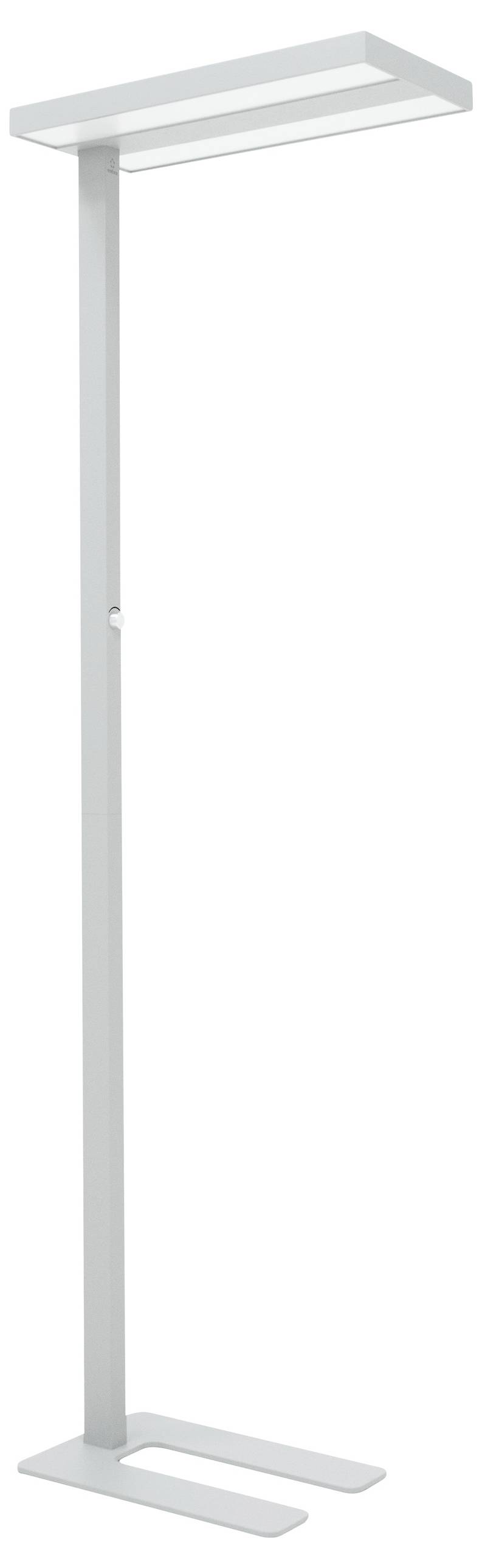 Moderní šedá stojací lampa s obdélníkovým stínítkem a přímou základnou. Ideální do kancelářských nebo obytných prostor.