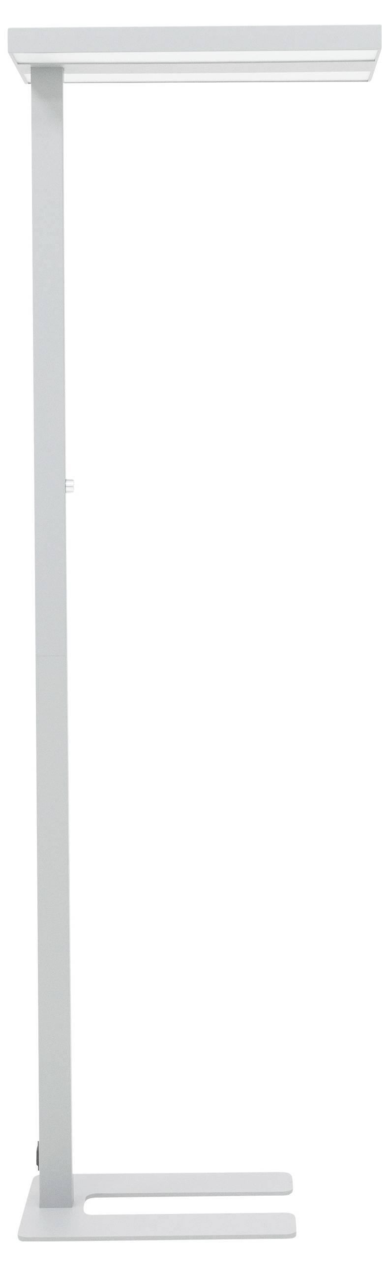Stojací lampa v moderním designu s úzkým, obdélníkovým rámem a širokým osvětlovacím tělem. Vhodná do kanceláří nebo obytných prostor.