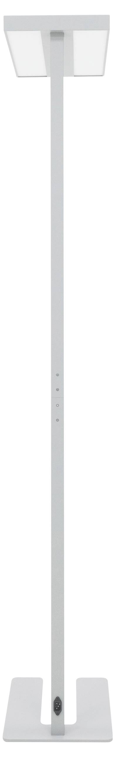 Bílá, štíhlá stojací lampa s obdélníkovým stínidlem a stabilní čtvercovou základnou, vhodná pro moderní interiéry.