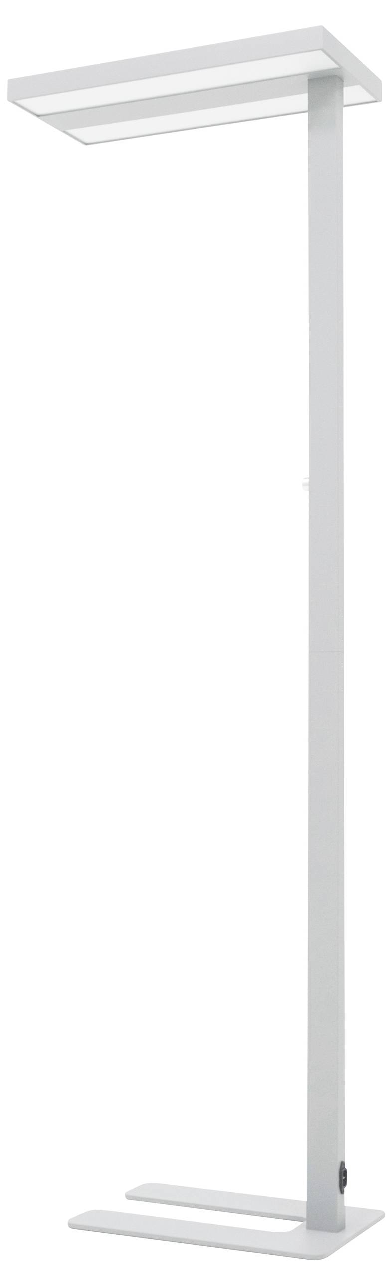 Moderní stříbrná stojací lampa s obdélníkovým podstavcem a stínidlem, čistý design, vhodná do obytných nebo kancelářských prostor.