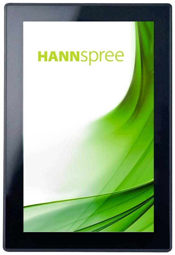 Tablet s černým rámečkem a displejem zobrazujícím logo 'HANNspree' v zelené barvě na bílém pozadí.