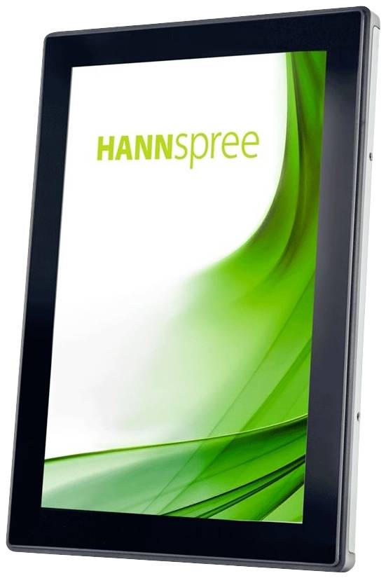 Černý tablet s zeleným pozadím na obrazovce zobrazuje logo 'HANNspree'.