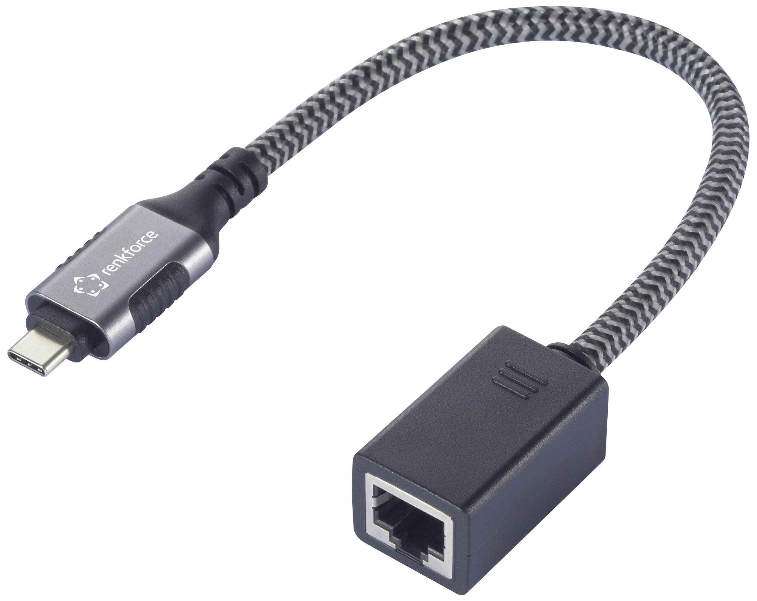 USB-C ethernet adaptér s opletaným kabelem; umožňuje síťové připojení přes USB-C port.