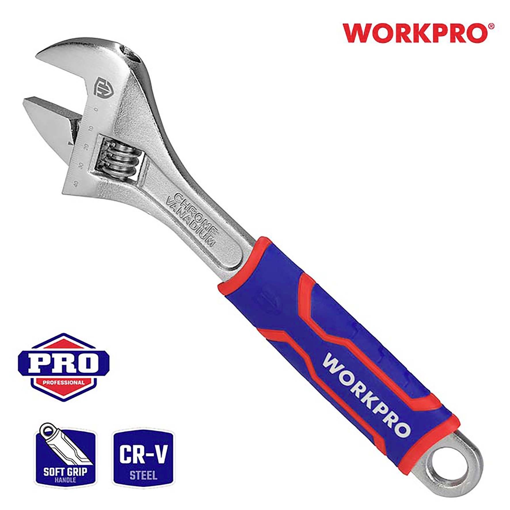 Nastavitelný klíč WORKPRO s měkkým úchopem a ocelovým materiálem CR-V, vhodný pro profesionální použití.