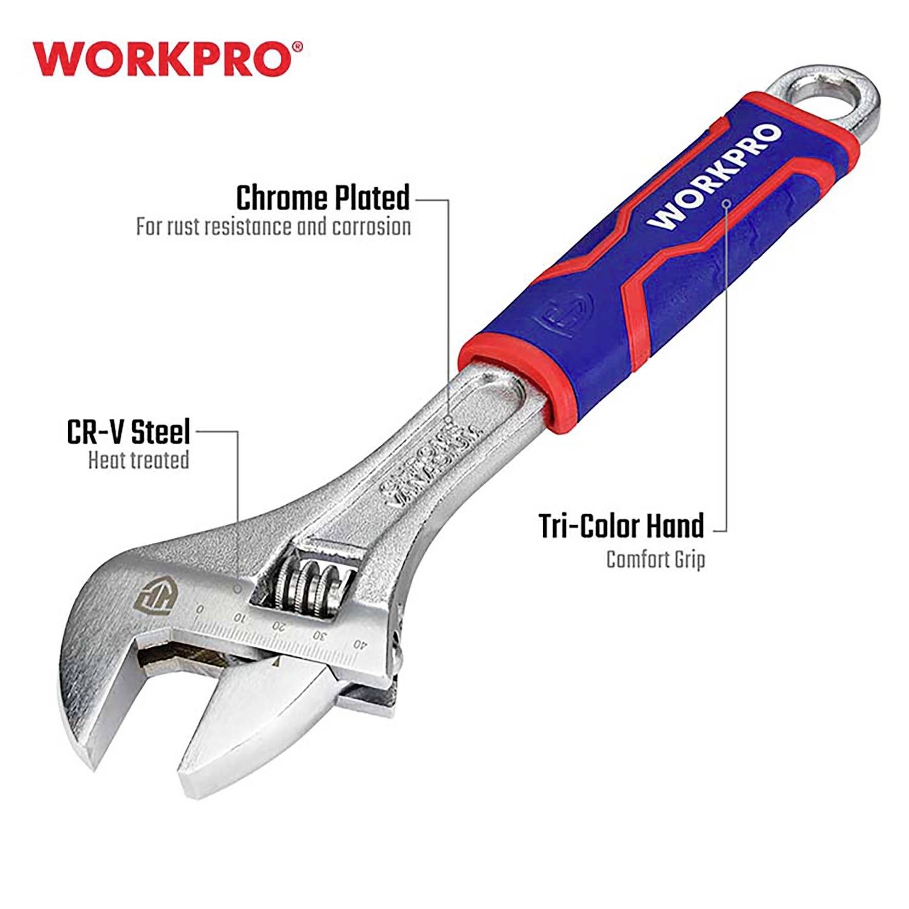 Nastavitelný klíč s modro-červenou rukojetí a chromovaným povrchem odolným proti korozi. Text zdůrazňuje ocel CR-V a ergonomický úchop.