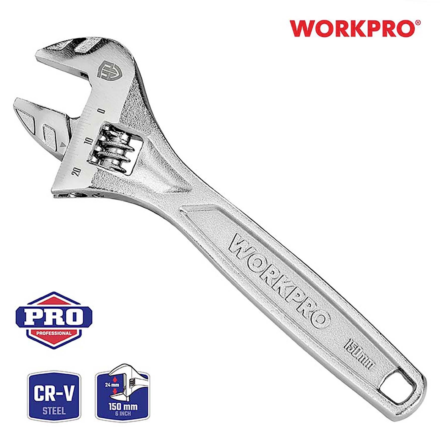 Nastavitelný klíč WORKPRO z oceli CR-V, 150 mm, stříbrný, s vyznačením palců a milimetrů.